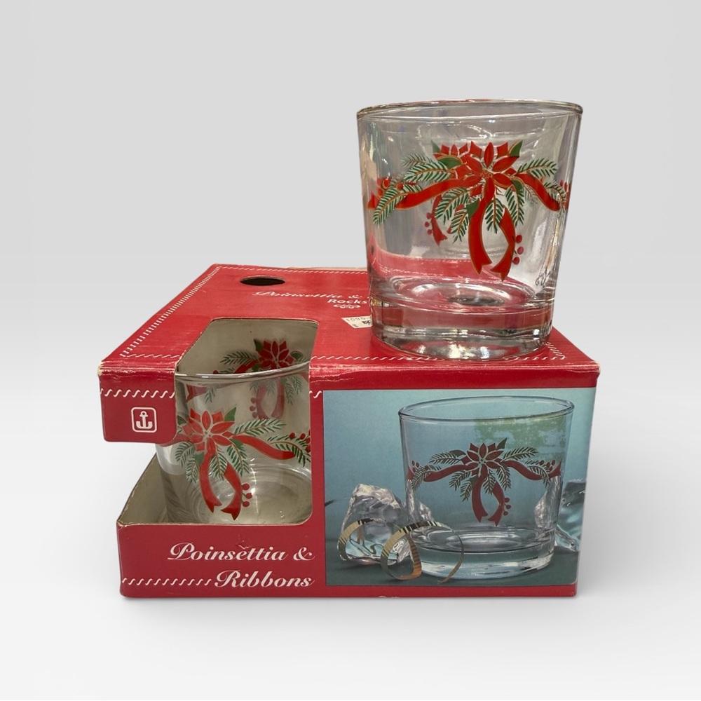 Vtg Anchor Hocking Poinsettia & Ribbons Rocks Glasses 3.25" Tall Barware Set 4